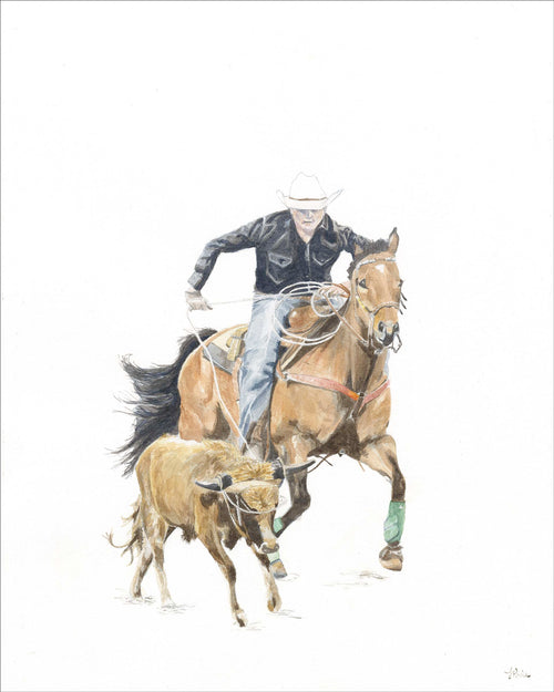 Watercolor painting of a cowboy on horseback roping a calf